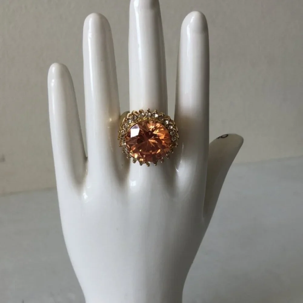 Cocktail Ring Gold Plated w Round Champagne Stone & Surround CZ Stones Sz.7.25